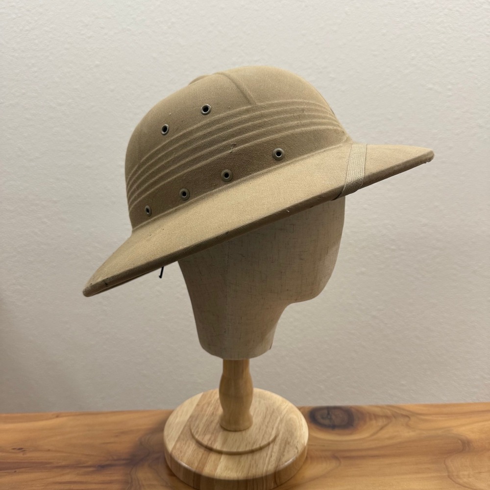 Vintage 1960s Vietnam Military Rigid Khaki Canvas Wide Brim Pith Sun Helmet